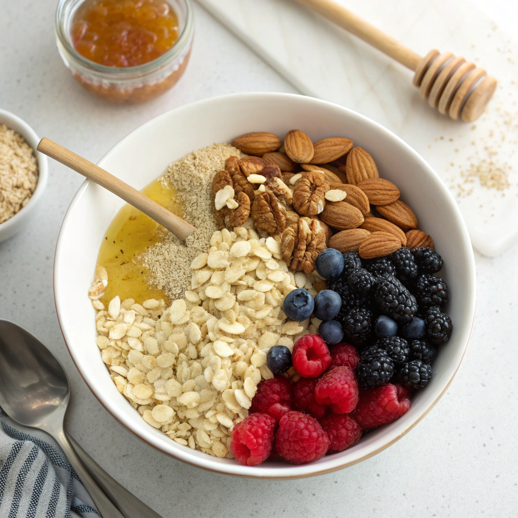 A beautiful overhead shot of a variety of healthy ingredients for flapjacks including oats, nuts, seeds, and dates in separate bowls.